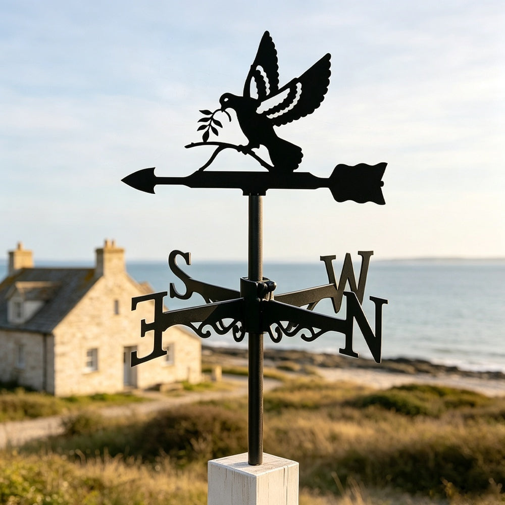 Peace dove with olive branch metal weather vane with directional arrows and mounting rod, outdoor roof and garden decoration