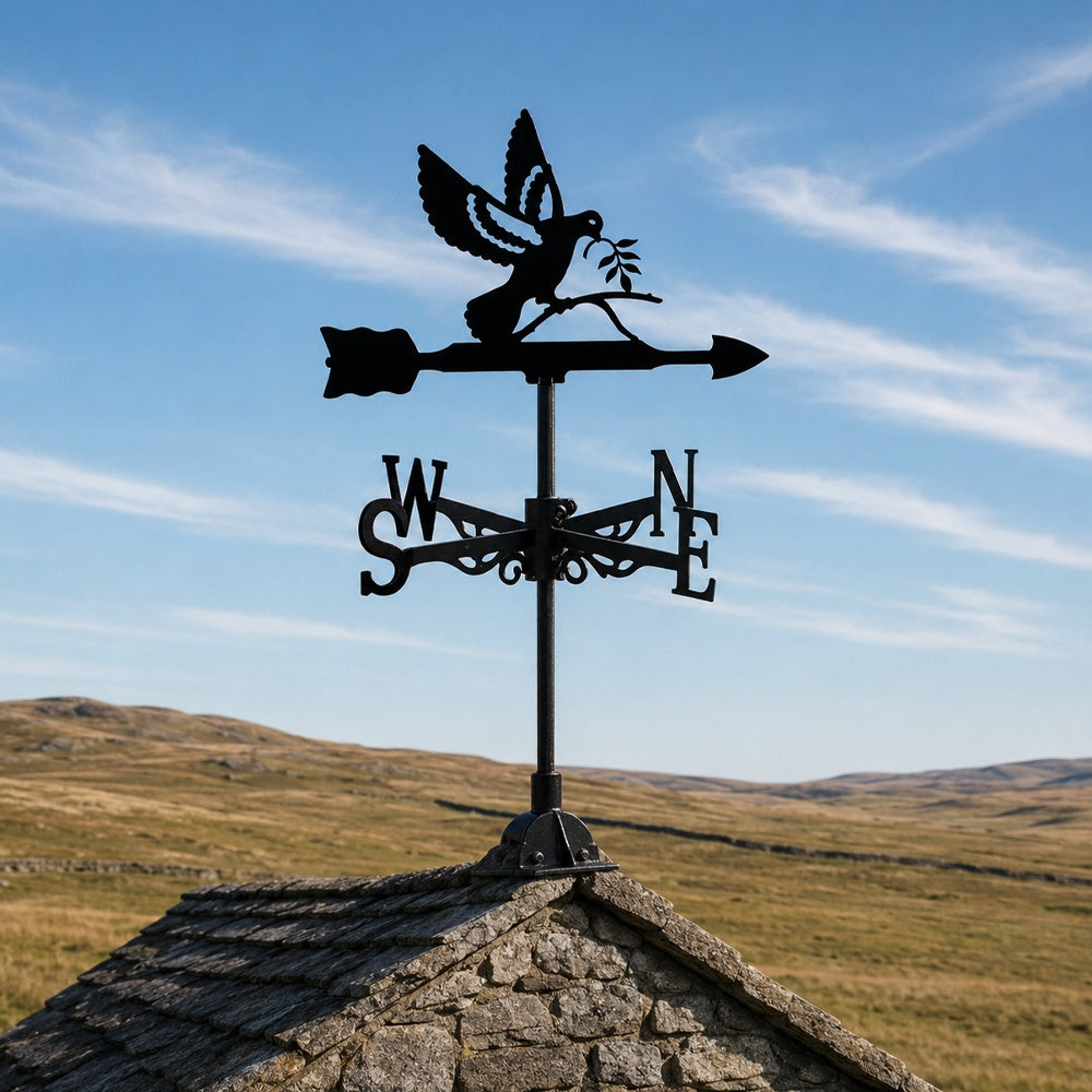 Peace dove with olive branch metal weather vane with directional arrows and mounting rod, outdoor roof and garden decoration