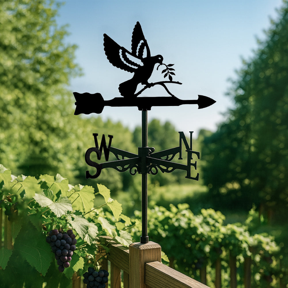 Peace dove with olive branch metal weather vane with directional arrows and mounting rod, outdoor roof and garden decoration