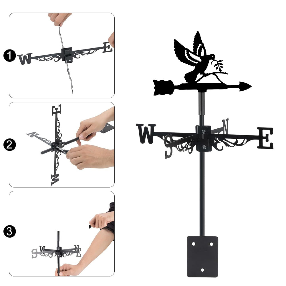 Peace dove with olive branch metal weather vane with directional arrows and mounting rod, outdoor roof and garden decoration