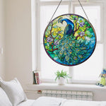 Peacock in bloom stained glass suncatcher window hanging, suitable for home and garden decoration.