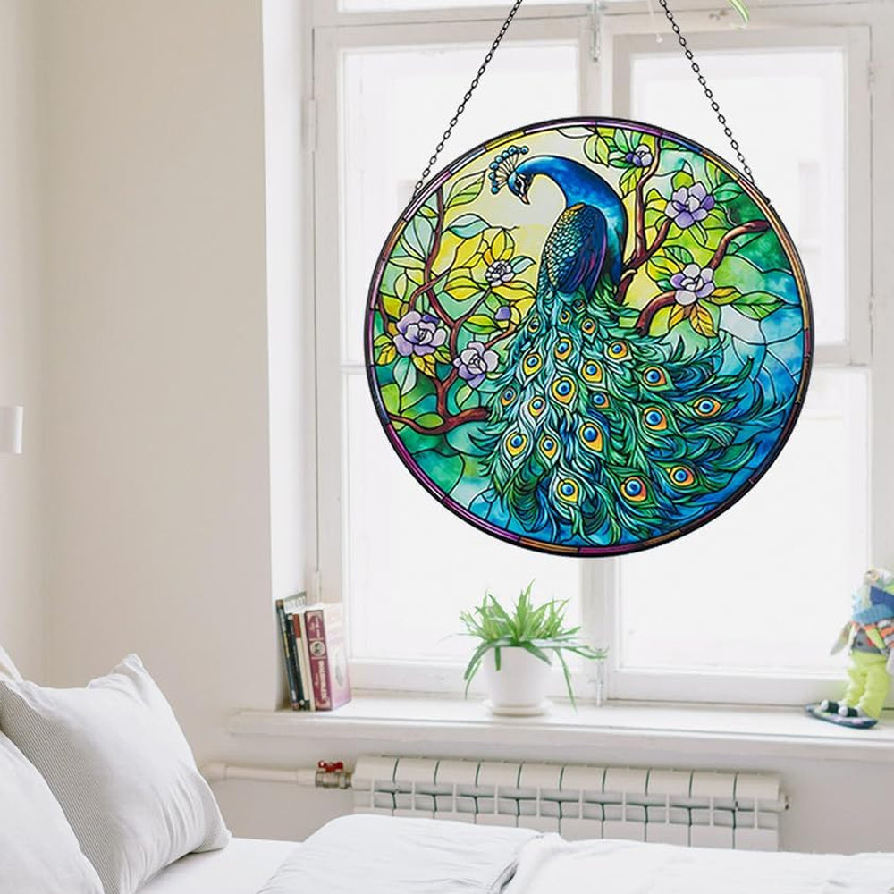 Peacock in bloom stained glass suncatcher window hanging, suitable for home and garden decoration.