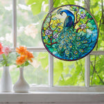 Peacock in bloom stained glass suncatcher window hanging, suitable for home and garden decoration.