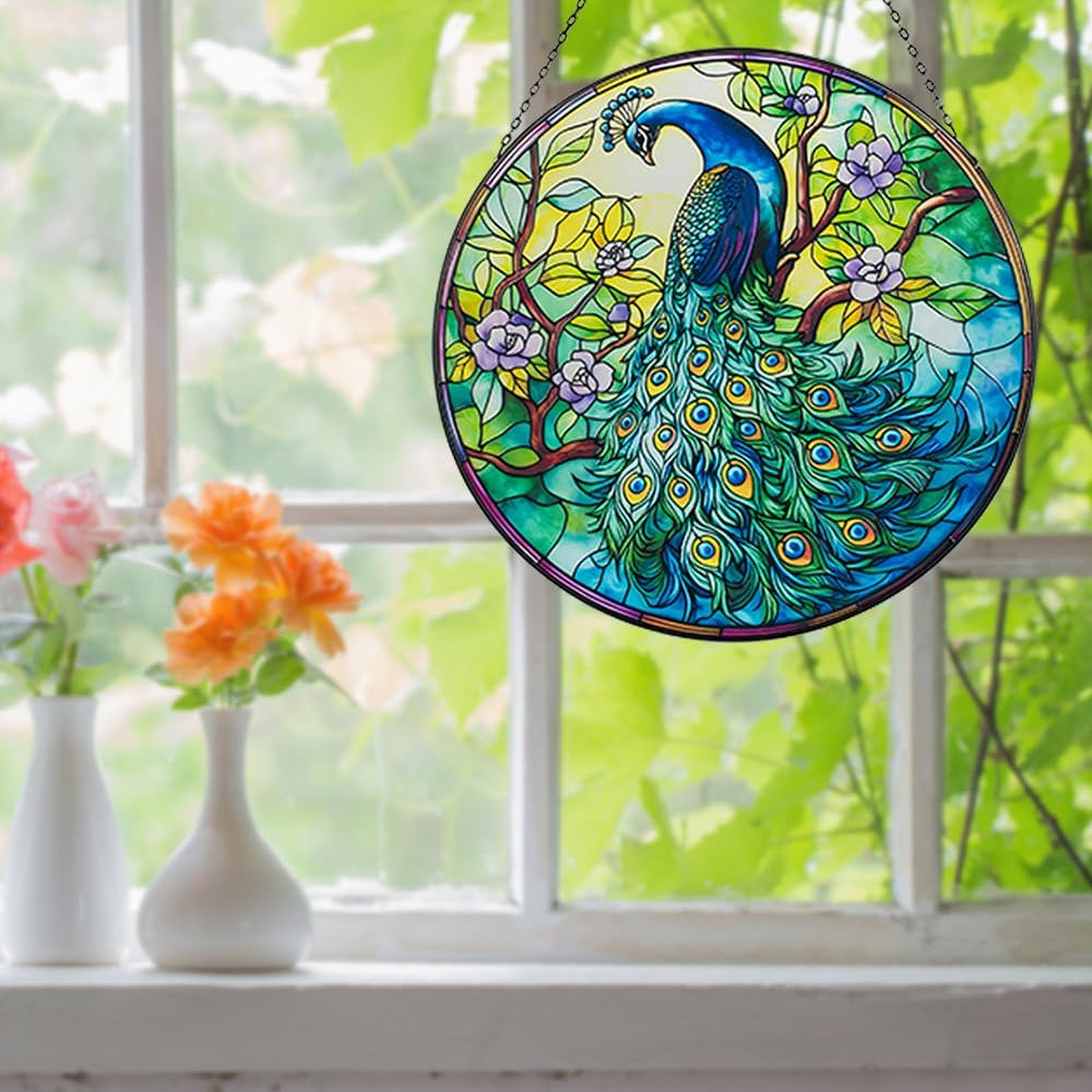 Peacock in bloom stained glass suncatcher window hanging, suitable for home and garden decoration.
