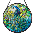 Peacock in bloom stained glass suncatcher window hanging, suitable for home and garden decoration.