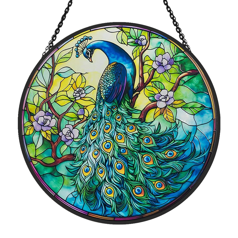 Peacock in bloom stained glass suncatcher window hanging, suitable for home and garden decoration.
