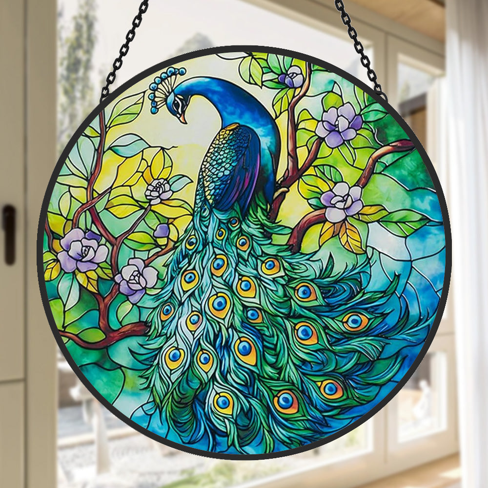 Peacock in bloom stained glass suncatcher window hanging, suitable for home and garden decoration.