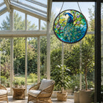 Peacock in bloom stained glass suncatcher window hanging, suitable for home and garden decoration