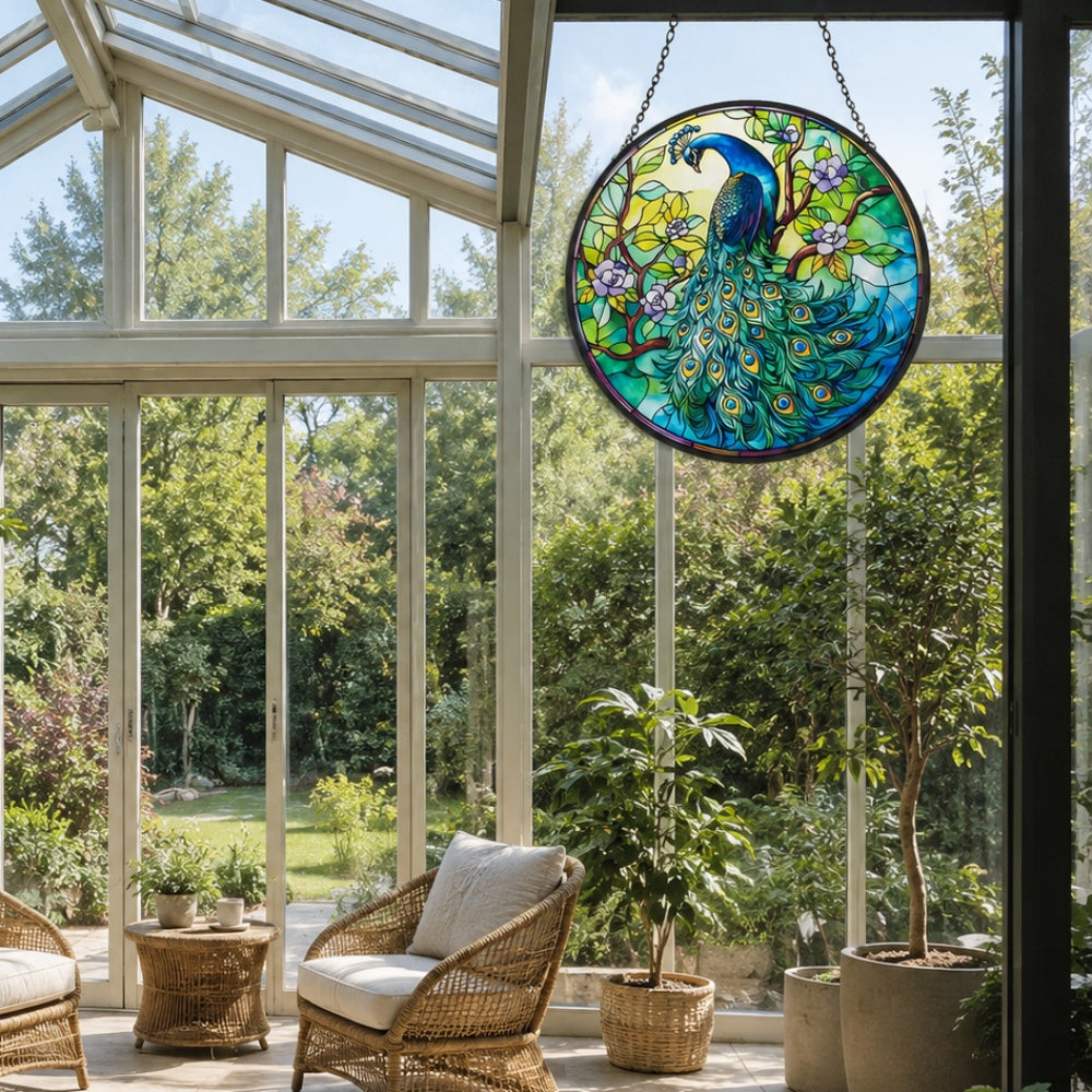 Peacock in bloom stained glass suncatcher window hanging, suitable for home and garden decoration