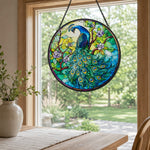 Peacock in bloom stained glass suncatcher window hanging, suitable for home and garden decoration