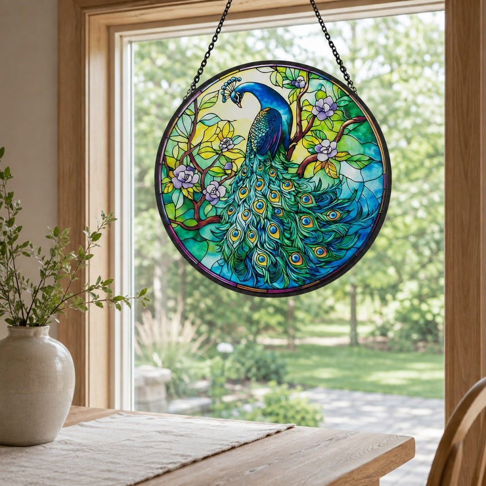 Peacock in bloom stained glass suncatcher window hanging, suitable for home and garden decoration