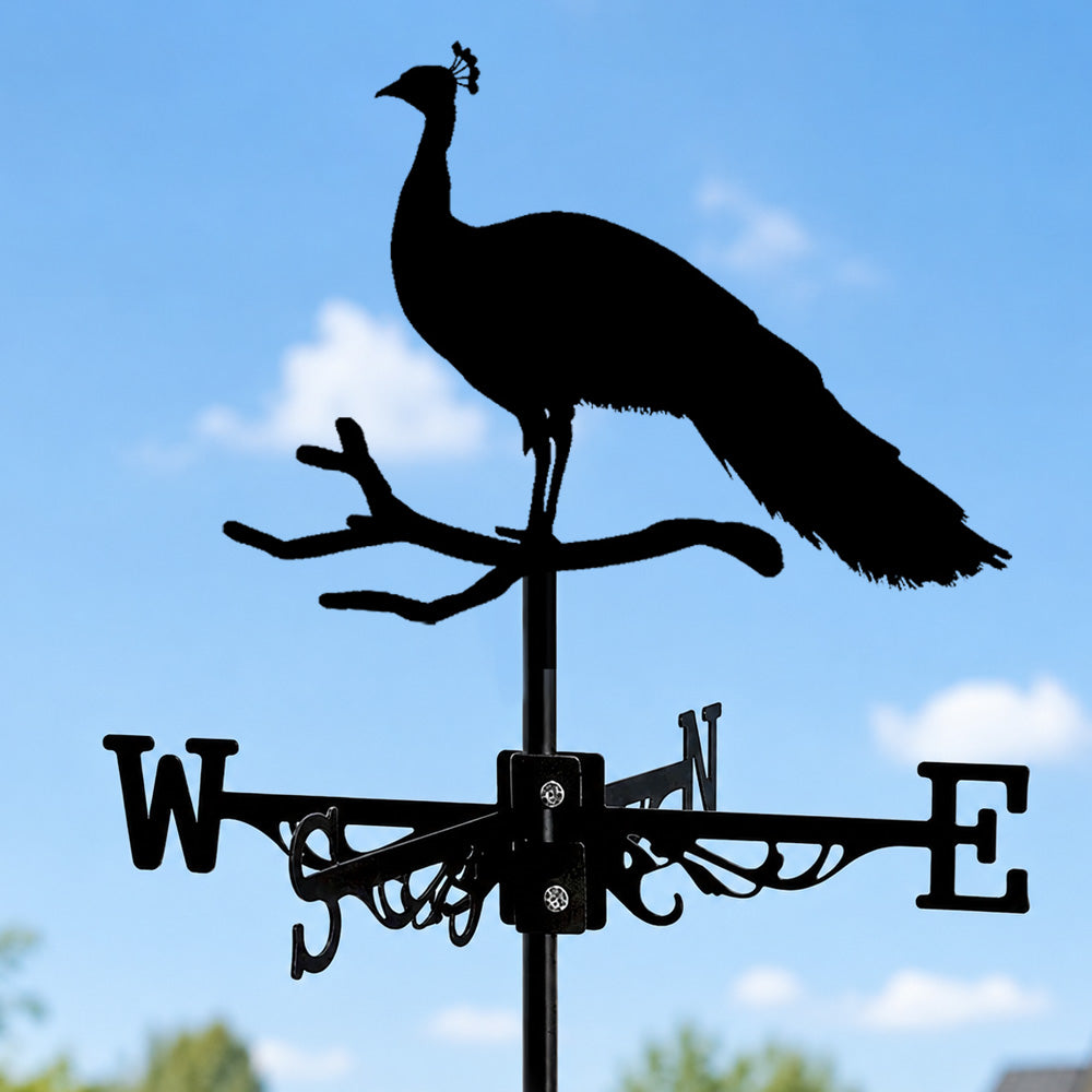 Peacock on branch metal weather vane with directional arrows and mounting rod, outdoor roof and garden decoration