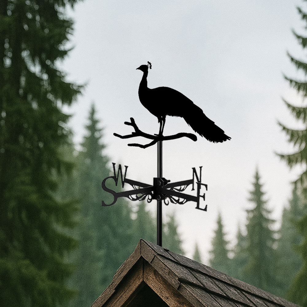Peacock on branch metal weather vane with directional arrows and mounting rod, outdoor roof and garden decoration