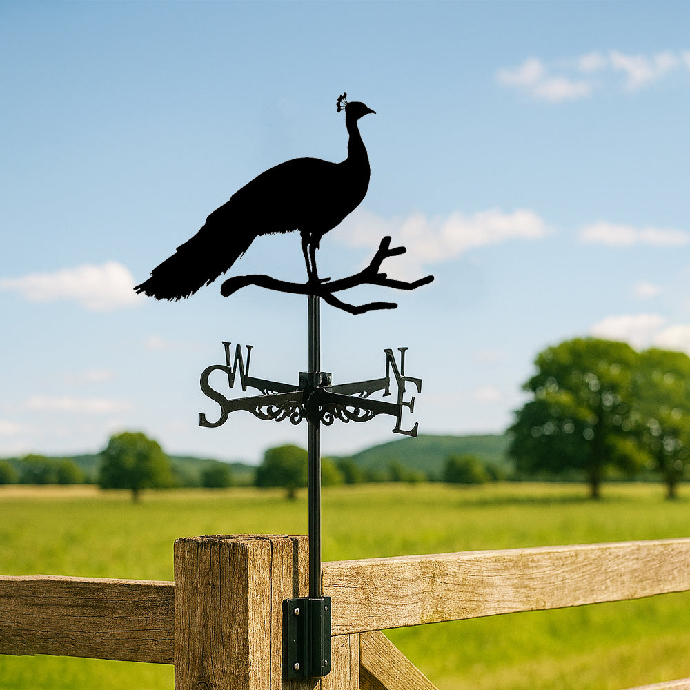 Peacock on branch metal weather vane with directional arrows and mounting rod, outdoor roof and garden decoration