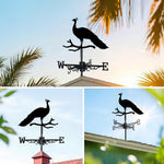 Peacock on branch metal weather vane with directional arrows and mounting rod, outdoor roof and garden decoration
