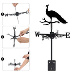 Peacock on branch metal weather vane with directional arrows and mounting rod, outdoor roof and garden decoration