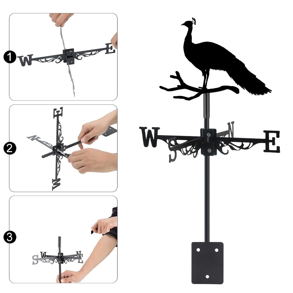Peacock on branch metal weather vane with directional arrows and mounting rod, outdoor roof and garden decoration
