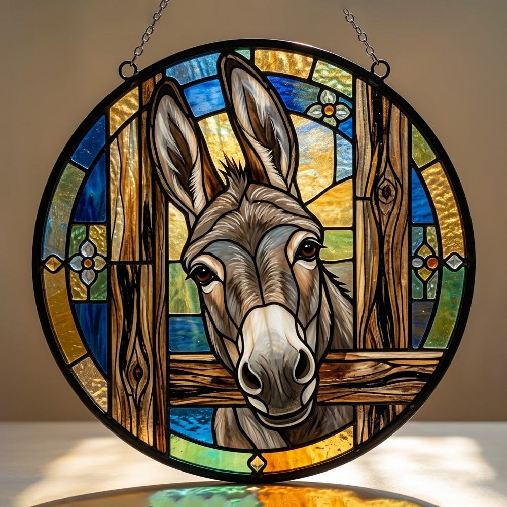 Peeking donkey stained glass suncatcher window hanging, suitable for home and garden decoration