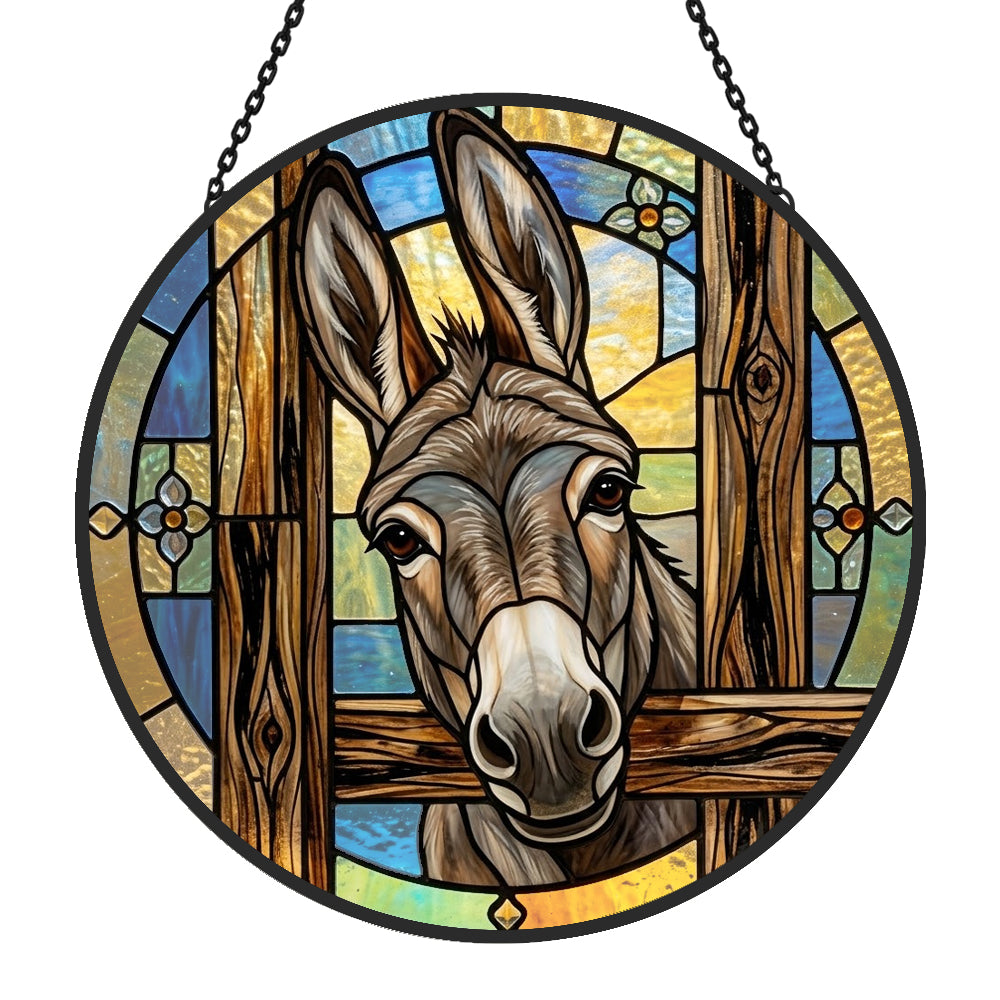 Peeking donkey stained glass suncatcher window hanging, suitable for home and garden decoration