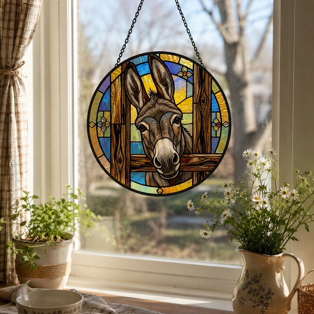 Peeking donkey stained glass suncatcher window hanging, suitable for home and garden decoration