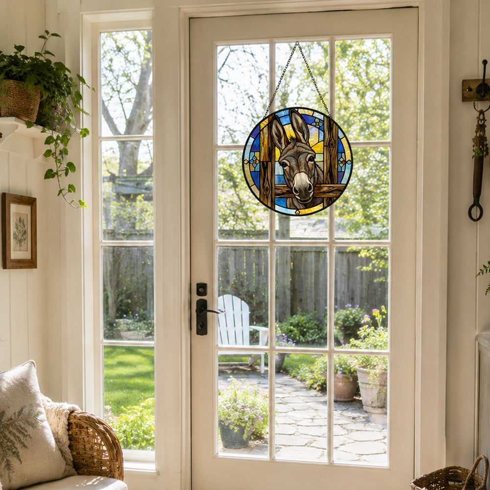 Peeking donkey stained glass suncatcher window hanging, suitable for home and garden decoration