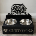 Personalized pekingese metal dog bowl stand with custom name cutout and two removable feeding bowls