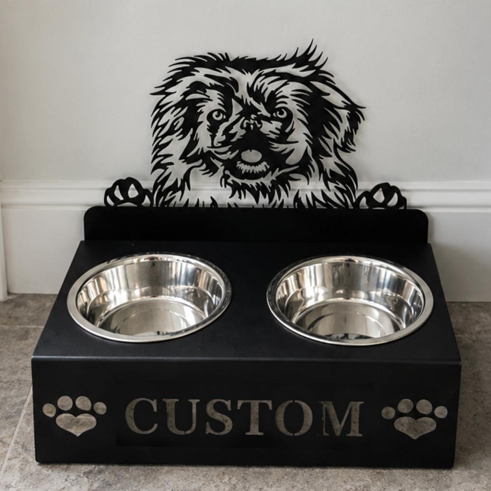 Personalized pekingese metal dog bowl stand with custom name cutout and two removable feeding bowls