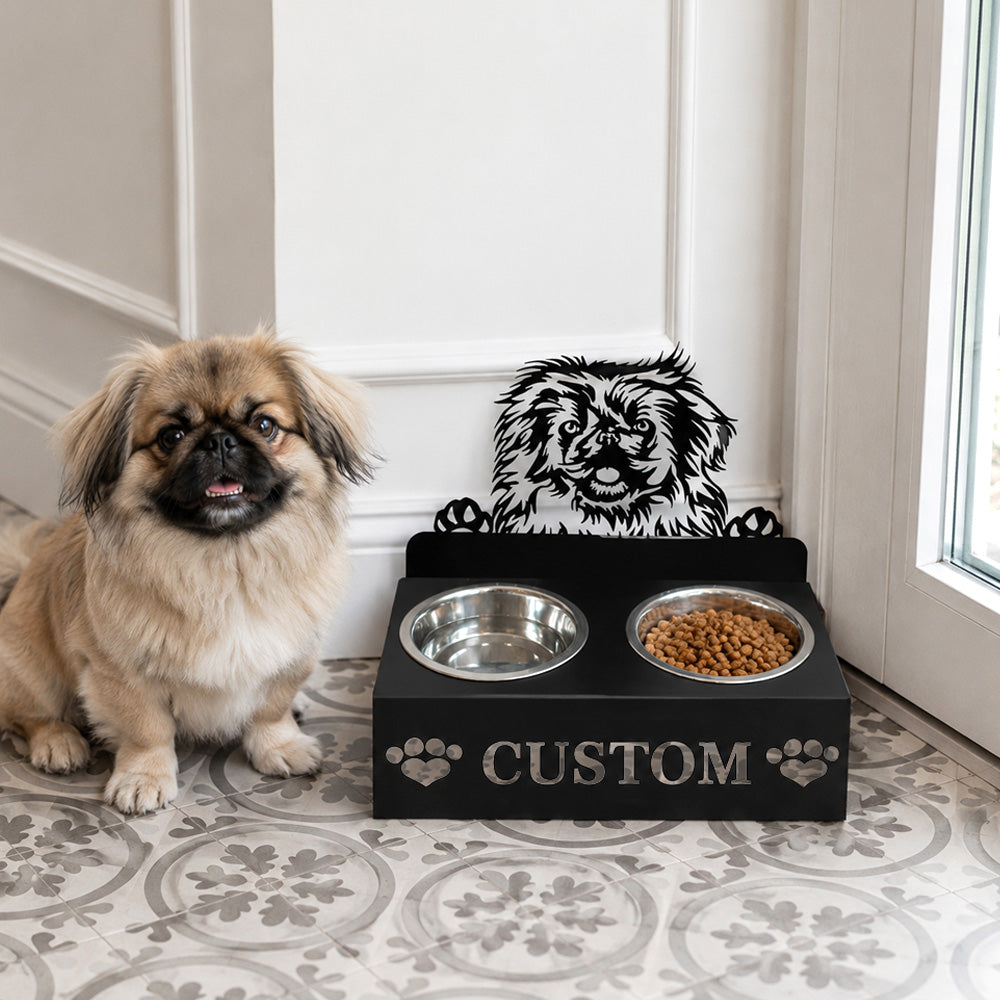 Personalized pekingese metal dog bowl stand with custom name cutout and two removable feeding bowls