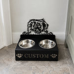 Personalized pekingese metal dog bowl stand with custom name cutout and two removable feeding bowls