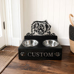 Personalized pekingese metal dog bowl stand with custom name cutout and two removable feeding bowls