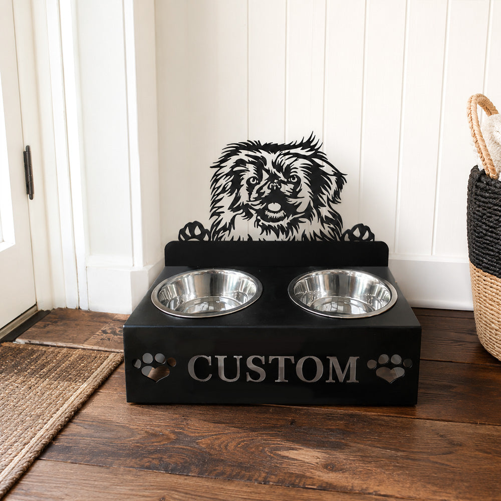 Personalized pekingese metal dog bowl stand with custom name cutout and two removable feeding bowls