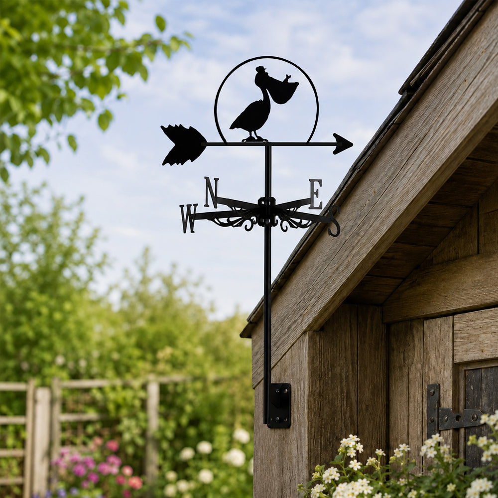 Pelican metal weather vane with directional arrows and mounting rod, outdoor roof and garden decoration