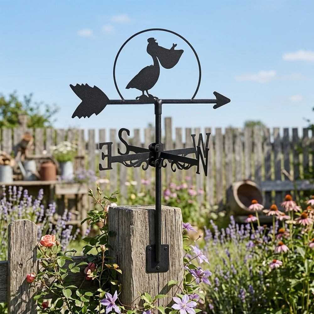 Pelican metal weather vane with directional arrows and mounting rod, outdoor roof and garden decoration