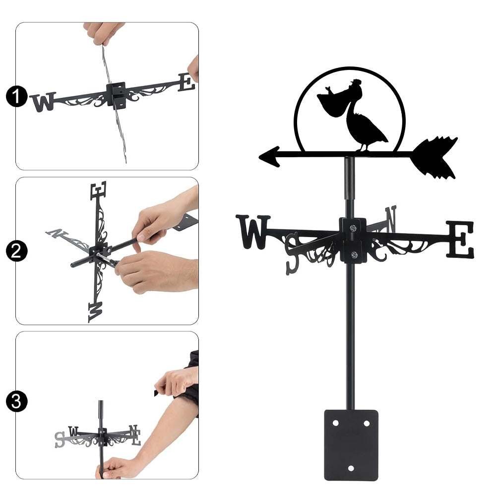 Pelican metal weather vane with directional arrows and mounting rod, outdoor roof and garden decoration