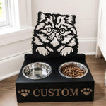 Personalized persian cat metal cat bowl stand with custom name cutout and two removable feeding bowls