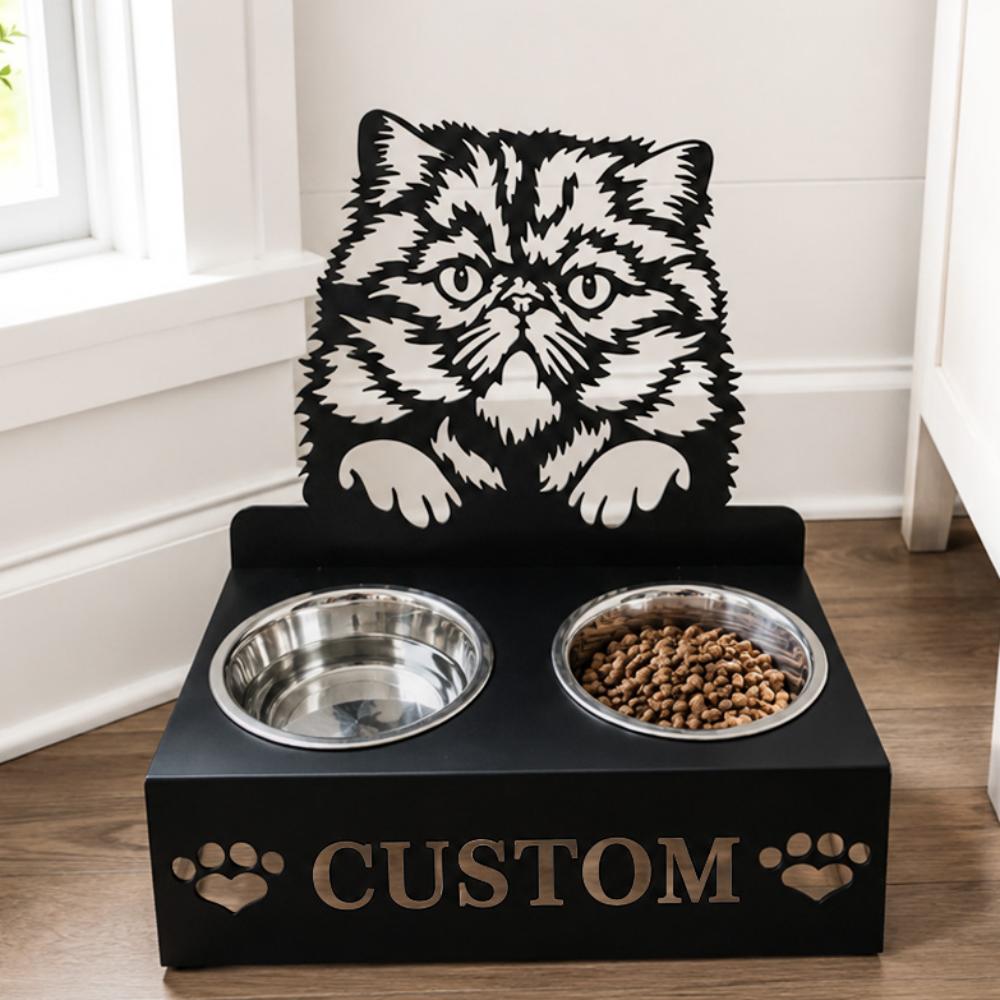 Personalized persian cat metal cat bowl stand with custom name cutout and two removable feeding bowls