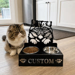 Personalized persian cat metal cat bowl stand with custom name cutout and two removable feeding bowls