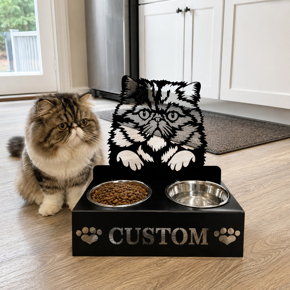Personalized persian cat metal cat bowl stand with custom name cutout and two removable feeding bowls