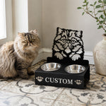 Personalized persian cat metal cat bowl stand with custom name cutout and two removable feeding bowls
