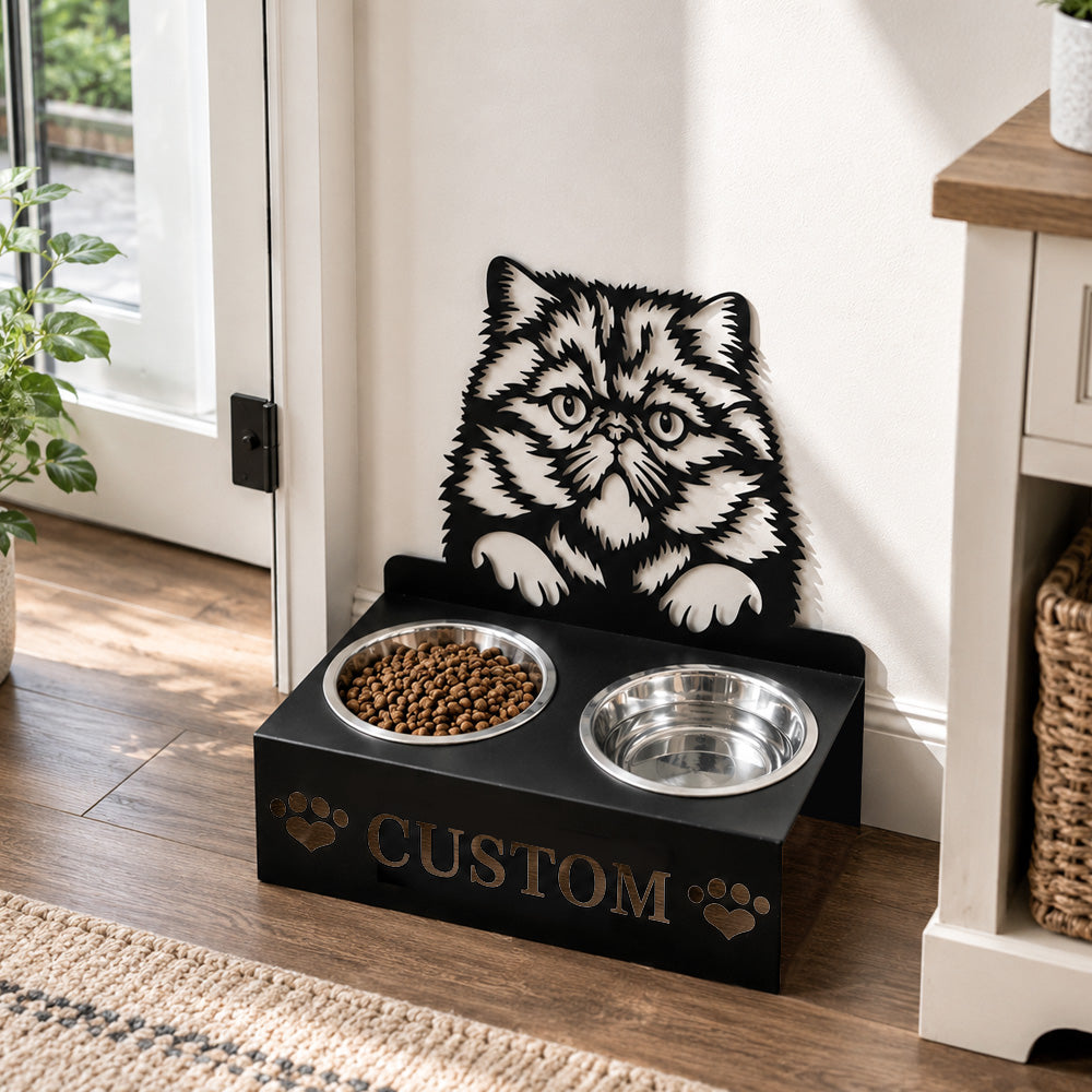 Personalized persian cat metal cat bowl stand with custom name cutout and two removable feeding bowls