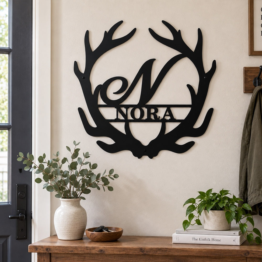Personalized Initial Name Monogram metal wall sign displayed on the wall