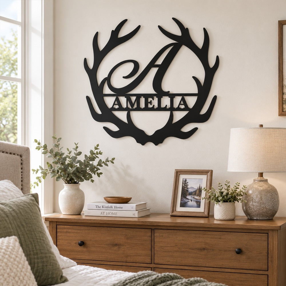 Personalized Initial Name Monogram metal wall sign displayed on the wall