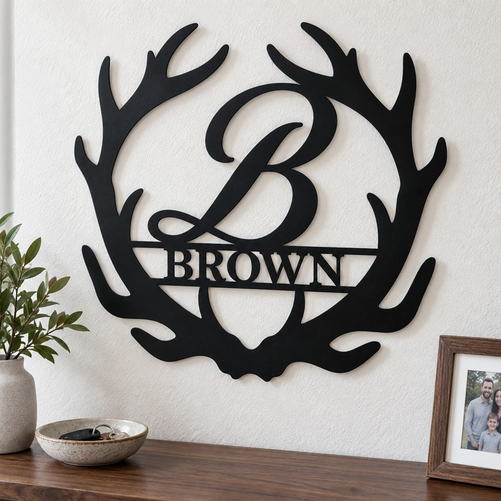 Personalized Initial Name Monogram metal wall sign displayed on the wall