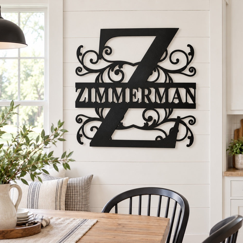 Personalized Initial Name Monogram metal wall sign displayed on the wall