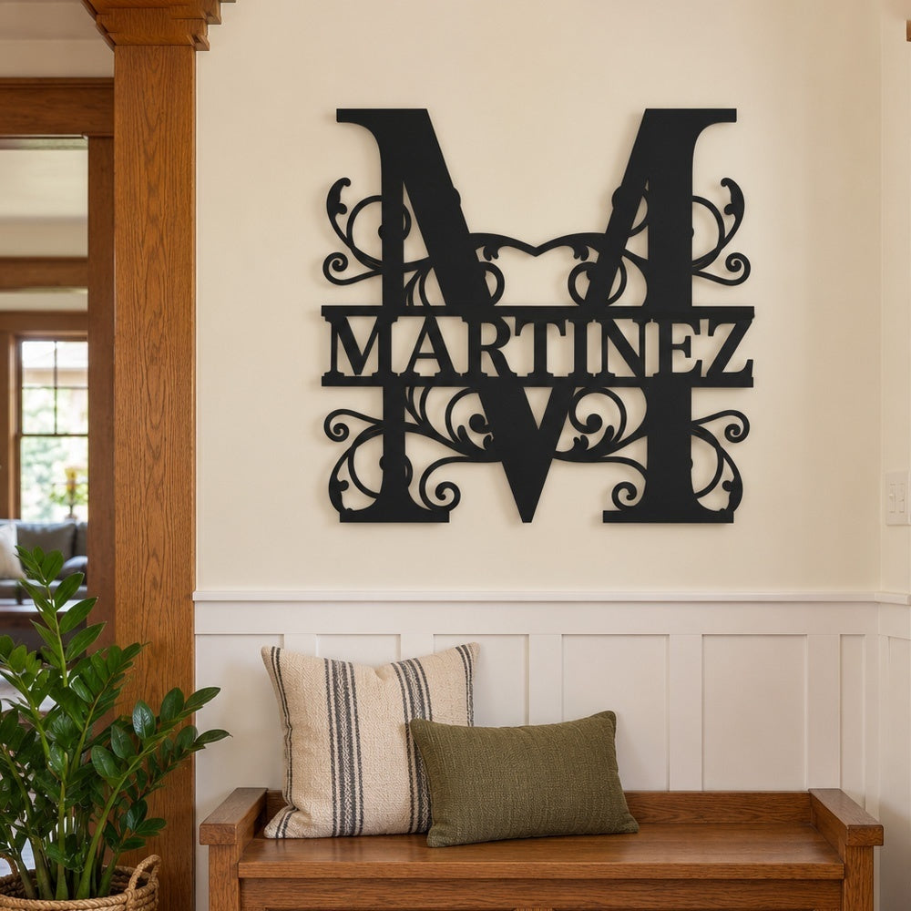 Personalized Initial Name Monogram metal wall sign displayed on the wall
