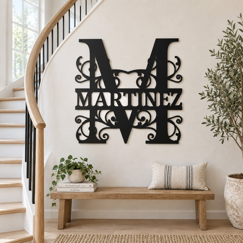 Personalized Initial Name Monogram metal wall sign displayed on the wall