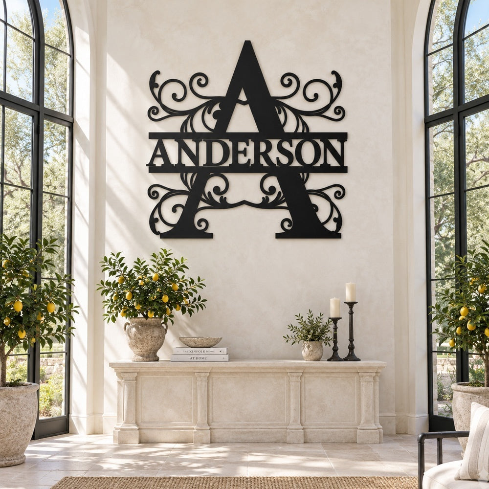 Personalized Initial Name Monogram metal wall sign displayed on the wall