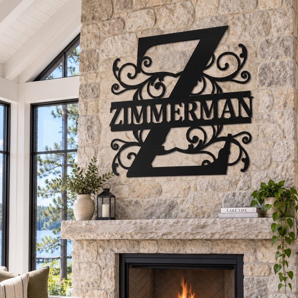Personalized Initial Name Monogram metal wall sign displayed on the wall