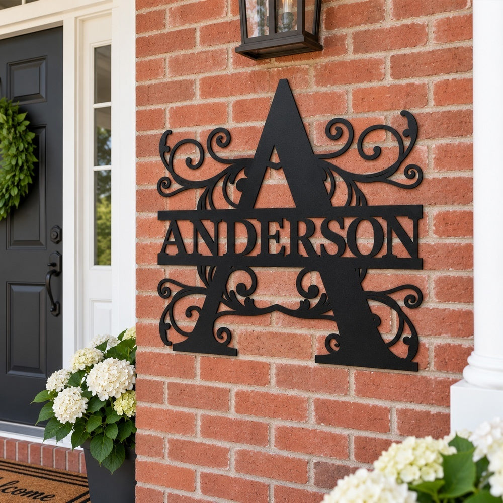 Personalized Initial Name Monogram metal wall sign displayed on the wall