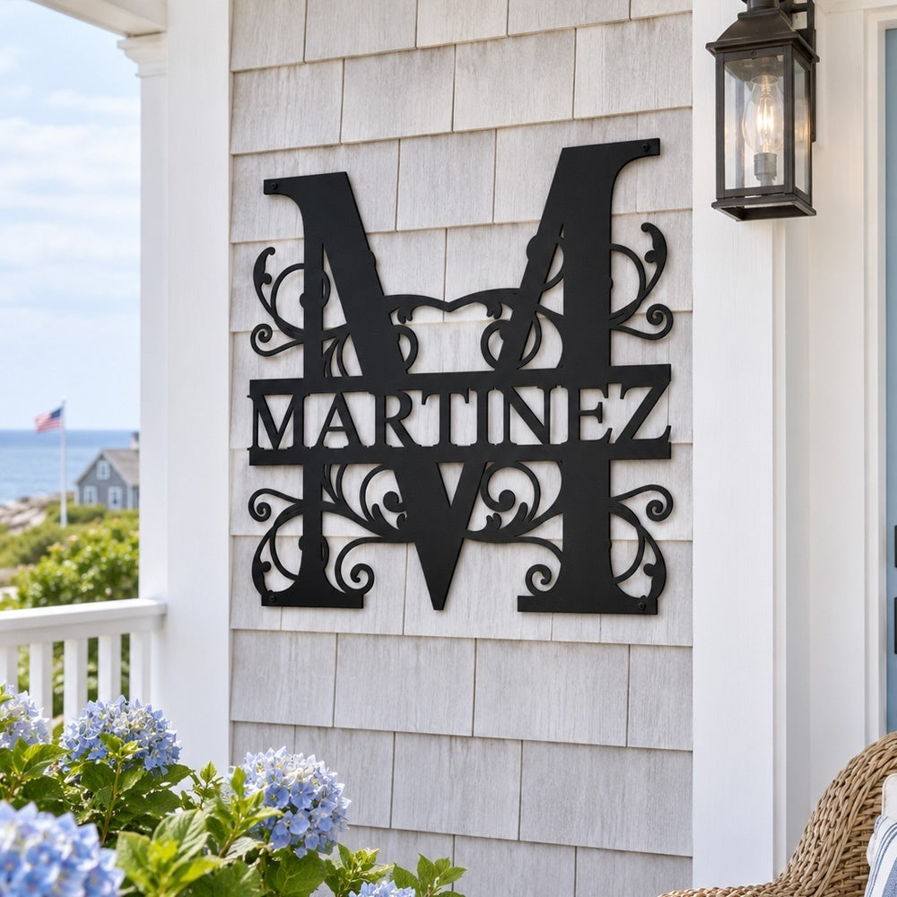 Personalized Initial Name Monogram metal wall sign displayed on the wall